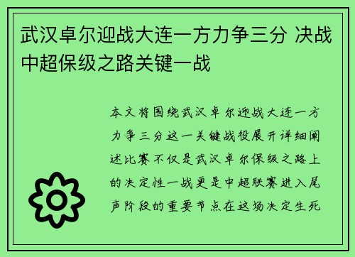 武汉卓尔迎战大连一方力争三分 决战中超保级之路关键一战