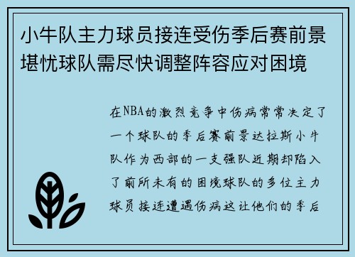 小牛队主力球员接连受伤季后赛前景堪忧球队需尽快调整阵容应对困境