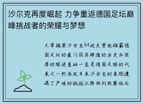 沙尔克再度崛起 力争重返德国足坛巅峰挑战者的荣耀与梦想