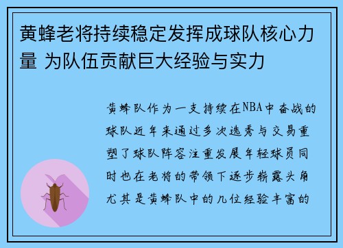 黄蜂老将持续稳定发挥成球队核心力量 为队伍贡献巨大经验与实力