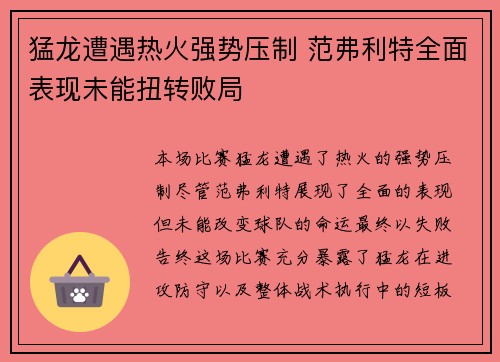 猛龙遭遇热火强势压制 范弗利特全面表现未能扭转败局