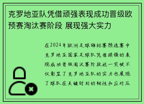 克罗地亚队凭借顽强表现成功晋级欧预赛淘汰赛阶段 展现强大实力