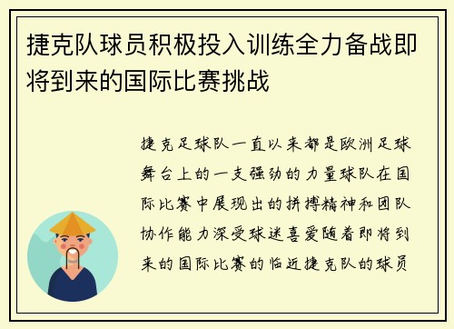 捷克队球员积极投入训练全力备战即将到来的国际比赛挑战